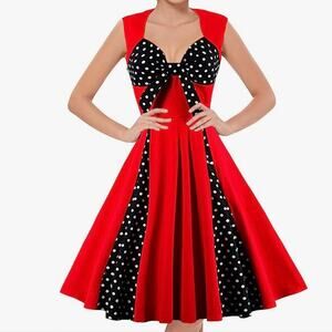 NEW Retro Rockabilly Pinup Polka Dot Swing Dance Cotton Casual Dress Red Black M